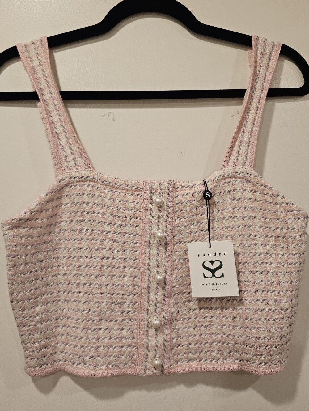 SANDRO Daniella Tweed Cropped Top Rose Pink $220 Paris Size Small NWT - Picture 13 of 16